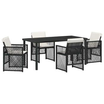 5 teiliges Garten Essset mit Kissen Schwarz Poly Rattan, Gartentisch Schwarz 160x80x73 cm Sicherheitsglas