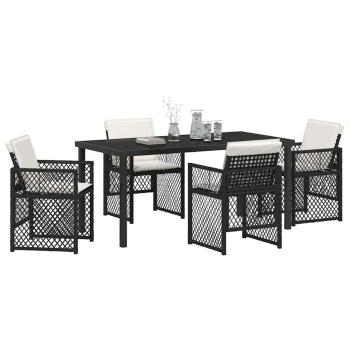 5 teiliges Garten Essset mit Kissen Schwarz Poly Rattan, Gartentisch Schwarz 160x80x73 cm Sicherheitsglas