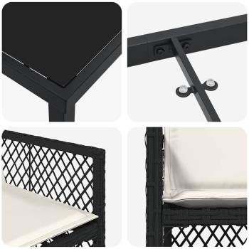 5 teiliges Garten Essset mit Kissen Schwarz Poly Rattan, Gartentisch Schwarz 160x80x73 cm Sicherheitsglas