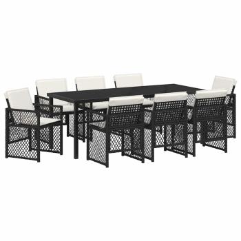 9-teiliges Garten Esstisch Set mit Kissen Schwarz Poly Rattan, Gartentisch Schwarz 200x80x73 cm Sicherheitsglas