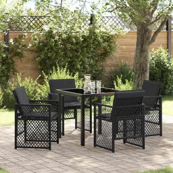 ARDEBO.de - 5-teiliges Garten-Essgruppe mit Kissen Schwarz Poly Rattan, Gartentisch Schwarz 80x80x73 cm Sicherheitsglas