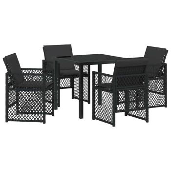 5-teiliges Garten-Essgruppe mit Kissen Schwarz Poly Rattan, Gartentisch Schwarz 80x80x73 cm Sicherheitsglas