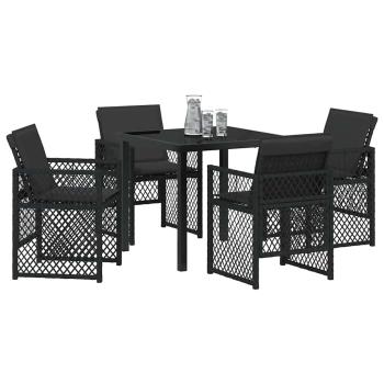 5-teiliges Garten-Essgruppe mit Kissen Schwarz Poly Rattan, Gartentisch Schwarz 80x80x73 cm Sicherheitsglas
