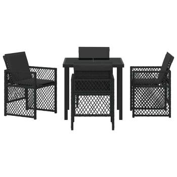 5-teiliges Garten-Essgruppe mit Kissen Schwarz Poly Rattan, Gartentisch Schwarz 80x80x73 cm Sicherheitsglas