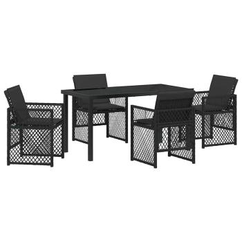 5-teiliges Garten Esszimmer Set mit Kissen Schwarz Poly Rattan, Gartentisch Schwarz 140x80x73 cm Gehärtetes Glas