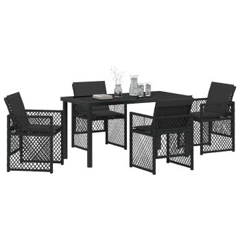 5-teiliges Garten Esszimmer Set mit Kissen Schwarz Poly Rattan, Gartentisch Schwarz 140x80x73 cm Gehärtetes Glas