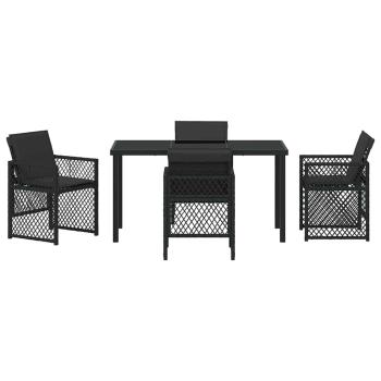 5-teiliges Garten Esszimmer Set mit Kissen Schwarz Poly Rattan, Gartentisch Schwarz 140x80x73 cm Gehärtetes Glas