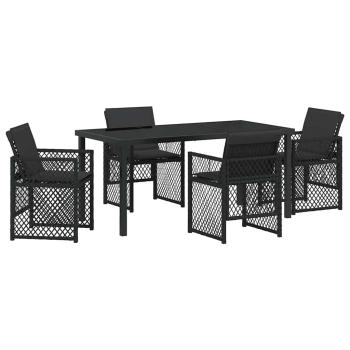 5-teiliges Garten Essset mit Kissen Schwarz Poly Rattan, Gartentisch Schwarz 160x80x73 cm Sicherheitsglas