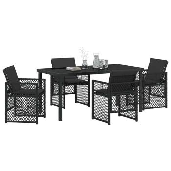 5-teiliges Garten Essset mit Kissen Schwarz Poly Rattan, Gartentisch Schwarz 160x80x73 cm Sicherheitsglas