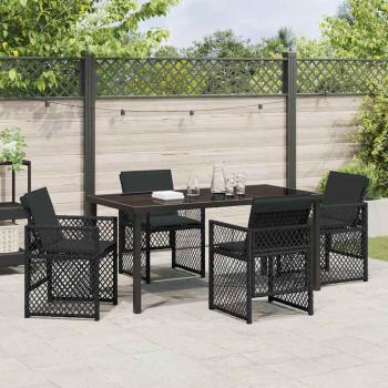 5-teiliges Garten Essset mit Kissen Schwarz Poly Rattan, Gartentisch Schwarz 160x80x73 cm Sicherheitsglas
