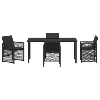 5-teiliges Garten Essset mit Kissen Schwarz Poly Rattan, Gartentisch Schwarz 160x80x73 cm Sicherheitsglas