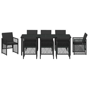 9-teiliges Gartenset mit Kissen Schwarz Poly Rattan, Gartentisch Schwarz 200x80x73 cm Sicherheitsglas