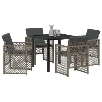 5-teiliges Garten Essset mit Kissen Grau Poly Rattan, Gartentisch Schwarz 80x80x73 cm Gehärtetes Glas
