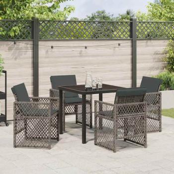 5-teiliges Garten Essset mit Kissen Grau Poly Rattan, Gartentisch Schwarz 80x80x73 cm Gehärtetes Glas