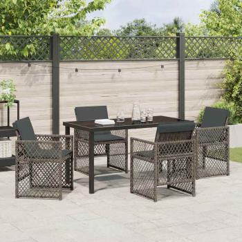 5-teiliges Garten Essgruppe mit Kissen Grau aus Poly Rattan, Gartentisch Schwarz 140x80x73 cm mit gehärtetem Glas
