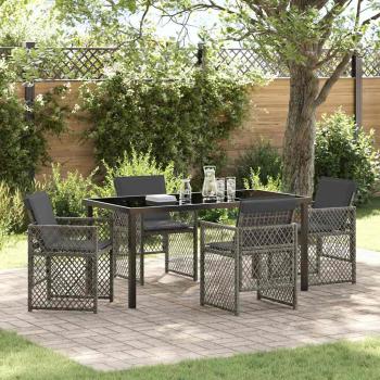 ARDEBO.de - 5-teiliges Garten Essset mit Kissen Grau Poly Rattan, Gartentisch Schwarz 160x80x73 cm Tempered Glass