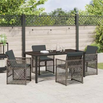 5-teiliges Garten Essset mit Kissen Grau Poly Rattan, Gartentisch Schwarz 160x80x73 cm Tempered Glass