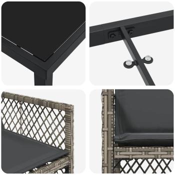 5-teiliges Garten Essset mit Kissen Grau Poly Rattan, Gartentisch Schwarz 160x80x73 cm Tempered Glass