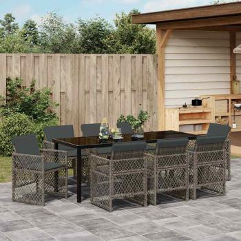 ARDEBO.de - 9-teilige Garten Essgruppe mit Kissen Grau Poly Rattan, Gartentisch Schwarz 200x80x73 cm Sicherheitsglas