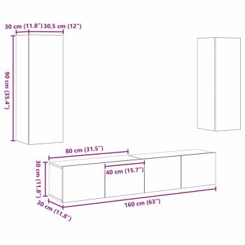 4-teiliges TV Schrank Set Wandmontiert Altholz Ingenieurholz
