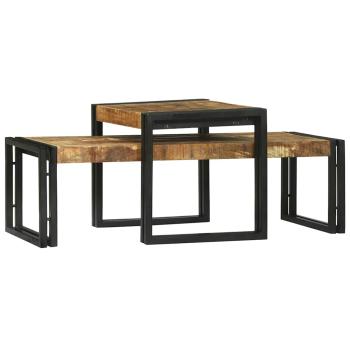2-teiliges Couchtisch Set aus massivem grobem Mango-Holz