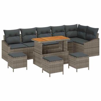 10-teiliges Garten-Sofa-Set mit Kissen Grau Poly Rattan Akazie, 2-Sitzer Garten-Sofa mit Kissen Grau Poly Rattan, 4-teiliges Garten-Ess-Set mit Kissen Grau Poly Rattan Akazie