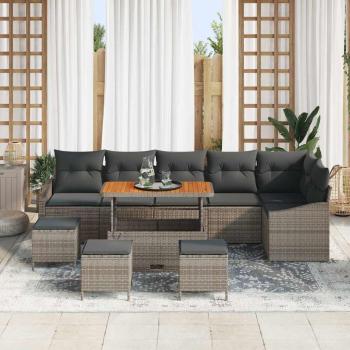 10-teiliges Garten-Sofa-Set mit Kissen Grau Poly Rattan Akazie, 2-Sitzer Garten-Sofa mit Kissen Grau Poly Rattan, 4-teiliges Garten-Ess-Set mit Kissen Grau Poly Rattan Akazie