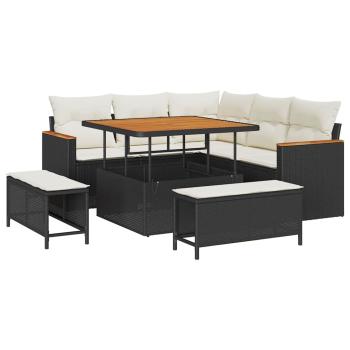 8-teiliges Garten-Sofa-Set mit Kissen Schwarz Poly-Rattan Akazie, 3-teiliges Garten-Ess-Set mit Kissen Schwarz Poly-Rattan Akazie