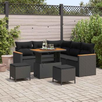 ARDEBO.de - 8-teiliges Garten Sofa Set mit Kissen Schwarz Poly Rattan Akazie, 3-teiliges Garten Essset mit Kissen Schwarz Poly Rattan Akazie