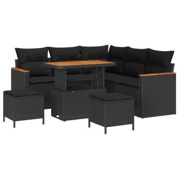 8-teiliges Garten Sofa Set mit Kissen Schwarz Poly Rattan Akazie, 3-teiliges Garten Essset mit Kissen Schwarz Poly Rattan Akazie