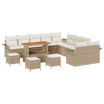 14-teiliges Garten Sofa Set mit Kissen Beige Poly Rattan Akazie, 2-Sitzer Garten Sofa mit Stauraum & Kissen Beige Poly Rattan, 4-teiliges Garten Essenset mit Kissen Beige Poly Rattan Akazie