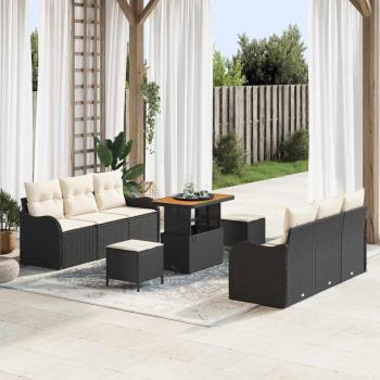 ARDEBO.de - 9-teiliges Garten-Sofa-Set mit Kissen Schwarzes Poly-Rattan Akazie, 2-Sitzer Garten-Sofa mit Stauraum & Kissen Schwarzes Poly-Rattan, 3-teiliges Garten-Ess-Set mit Kissen Schwarzes Poly-Rattan Akazie