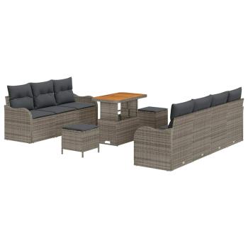 ARDEBO.de - 10-teiliges Garten Sofa Set mit Kissen Grau Poly Rattan Akazie, 2-Sitzer Garten Sofa mit Stauraum & Kissen Grau Poly Rattan, 3-teiliges Garten Esstischset mit Kissen Grau Poly Rattan Akazie