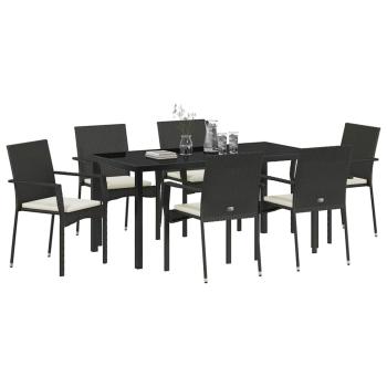 7-teiliges Garten-Esszimmer Set mit Kissen, schwarzes Poly-Rattan