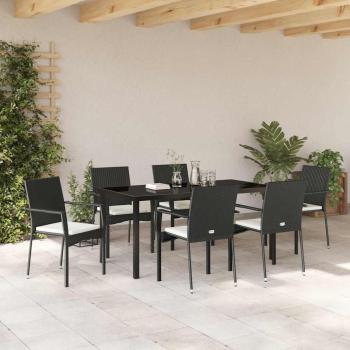 7-teiliges Garten-Esszimmer Set mit Kissen, schwarzes Poly-Rattan
