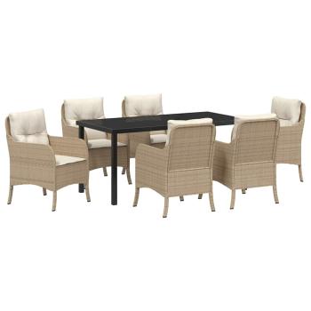 7-teiliges Garten-Essstuhl-Set mit Kissen Beige Poly-Rattan