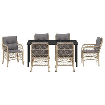 7-teiliges Garten-Essset mit Kissen Beige Poly Rattan