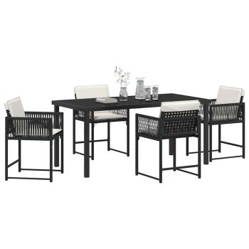 5-teiliges Garten-Dining-Set mit Kissen Schwarz Poly Rattan