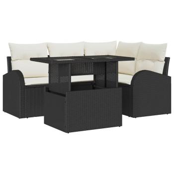5-teiliges Garten Sofa Set mit Kissen Schwarz Poly Rattan, 2-Sitzer Garten Sofa mit Stauraum & Kissen Schwarz Poly Rattan