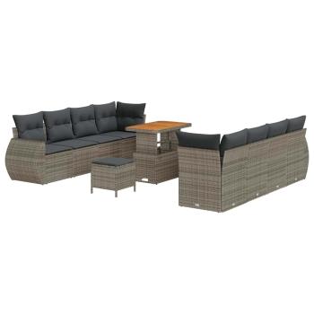 11-teiliges Garten Sofa Set mit Kissen Grau Poly Rattan Akazie, 3-teiliges Garten Essenset mit Kissen Grau Poly Rattan Akazie
