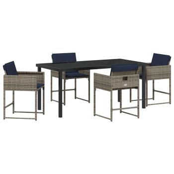 5-teiliges Garten-Esstisch-Set mit Kissen Grau Poly-Rattan