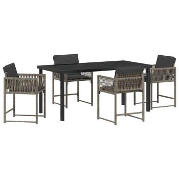 5-teiliges Garten-Ess-Set mit Kissen Grau Poly-Rattan