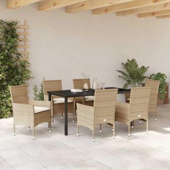 7-teilige Garten-Essgruppe mit Kissen Beiger Poly Rattan