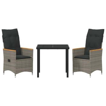 3-teiliges Garten-Ess-Set mit Kissen in Grau und Poly-Rattan