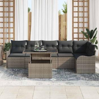 7-teiliger Garten Sofa Set mit Kissen Grau Poly Rattan