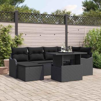 ARDEBO.de - Garten-Sofa-Set mit 7 Teilen und Kissen Schwarz Poly-Rattan
