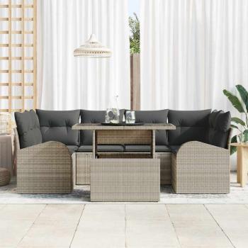 7-teiliges Garten Sofa Set mit Kissen Hellgrau Poly Rattan