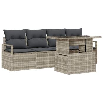 5-teiliges Garten-Sofa-Set mit Kissen Hellgrau Poly-Rattan