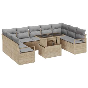 10-teiliges Garten Sofaset mit Kissen Beige Poly Rattan