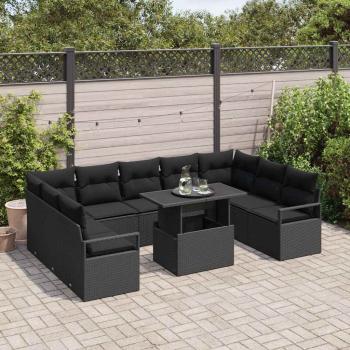 10-teiliges Garten Sofa Set mit Kissen schwarzes Poly-Rattan